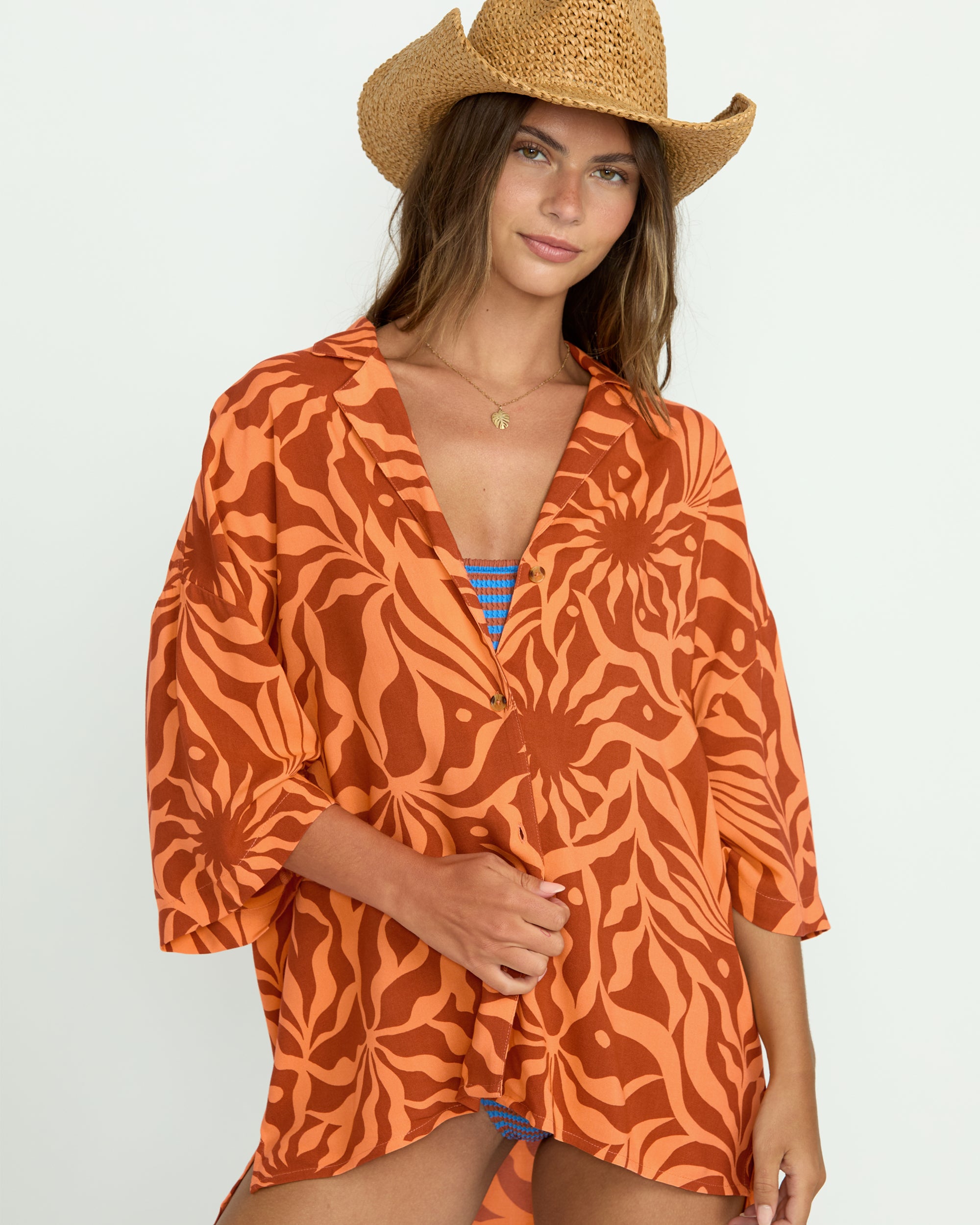 Beach Side Printed Short Sleeve Shirt - Orange Squeeze - Image 4