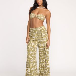 Split Spirit Elastic Waist Pants - Green Tea